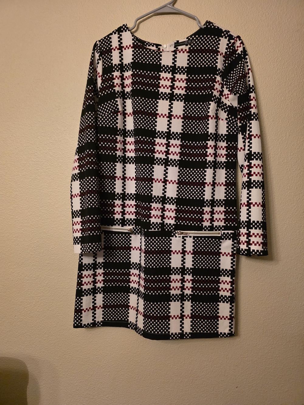 Atmosphere Black and White Geometric Dress with Burgundy Accents